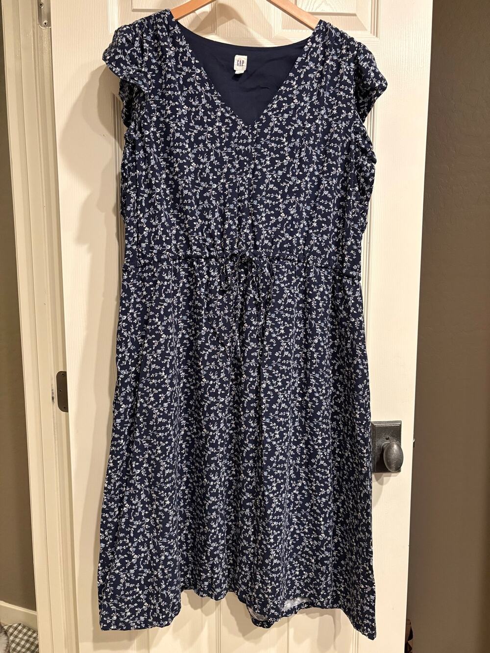 GAP Ditsy Navy White Floral Midi Dress Size XL Drawstring Waist Summer Coastal